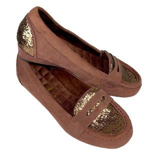 Joan Boyce Brown Leather Loafers Suede Glitter Heel and Toe New w/o Box